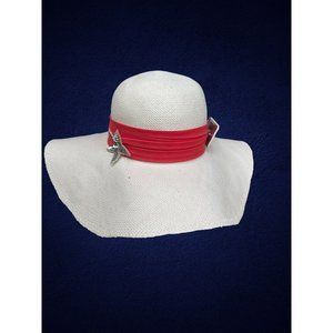 Vintage 1990’s Atlas Sun Natural Straw Hat w/red Trim Wrap 1992 British Pin, USA